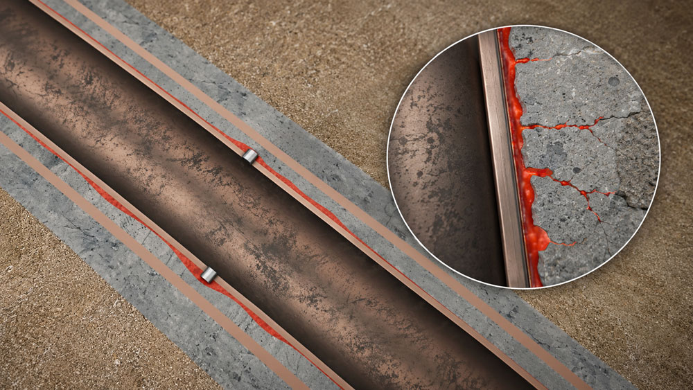 Cross-section of a buried pipe showing rusted interior and red leaking material through cracks; close-up inset highlights cracked concrete and leakage.